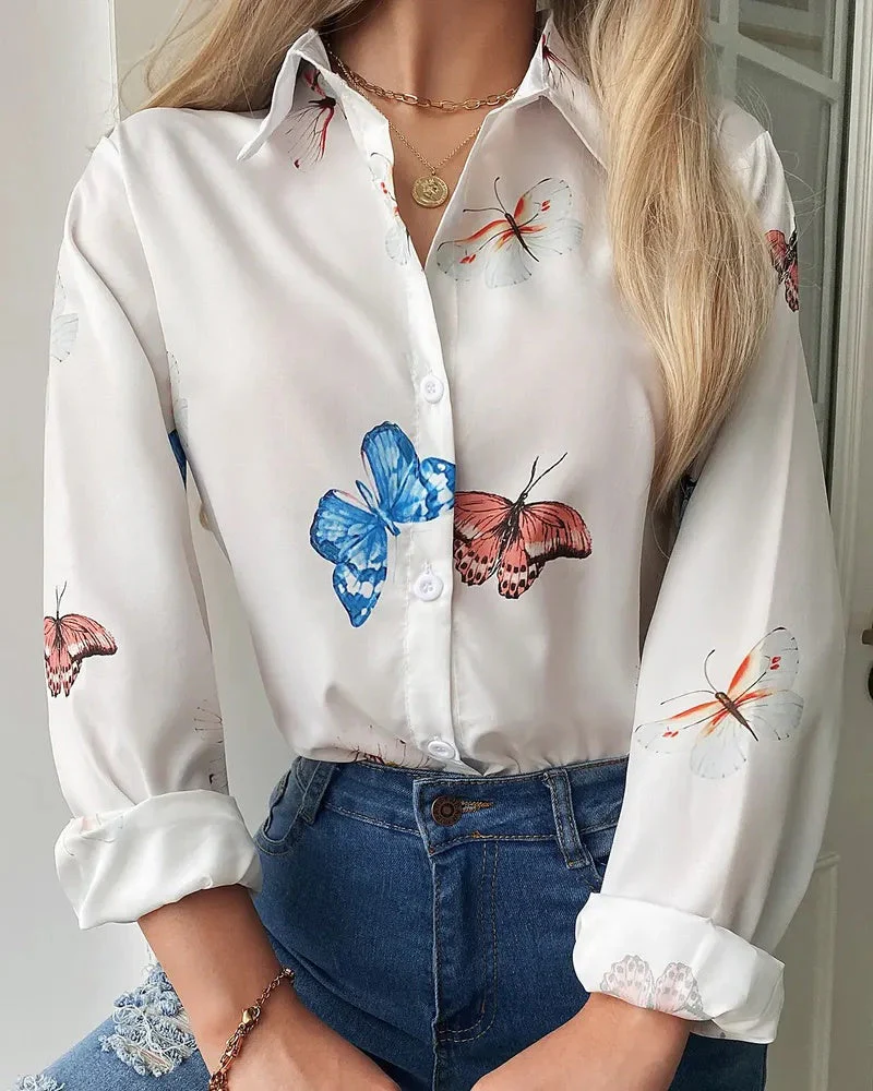 Deanwangkt - Butterfly Print Long Sleeve Button Up Top - Deanwangkt
