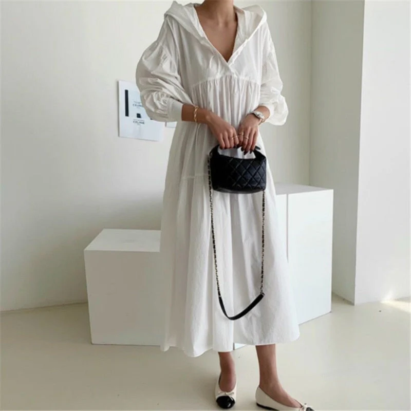 Christmas Gift Deanwangkt early spring simple solid cascading pleated hoodies down solid long dress simple classic retro temreprament dress Deanwangkt new - Deanwangkt