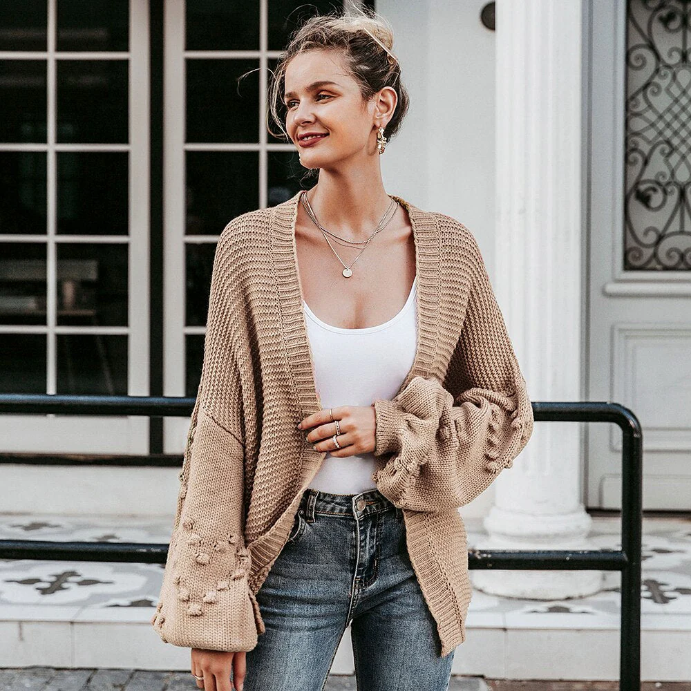 Christmas Gift  Loose women knitted cardigans Lantern sleeve heart crochet oversize sweaters Autumn winter female cardigan coats outwear - Deanwangkt