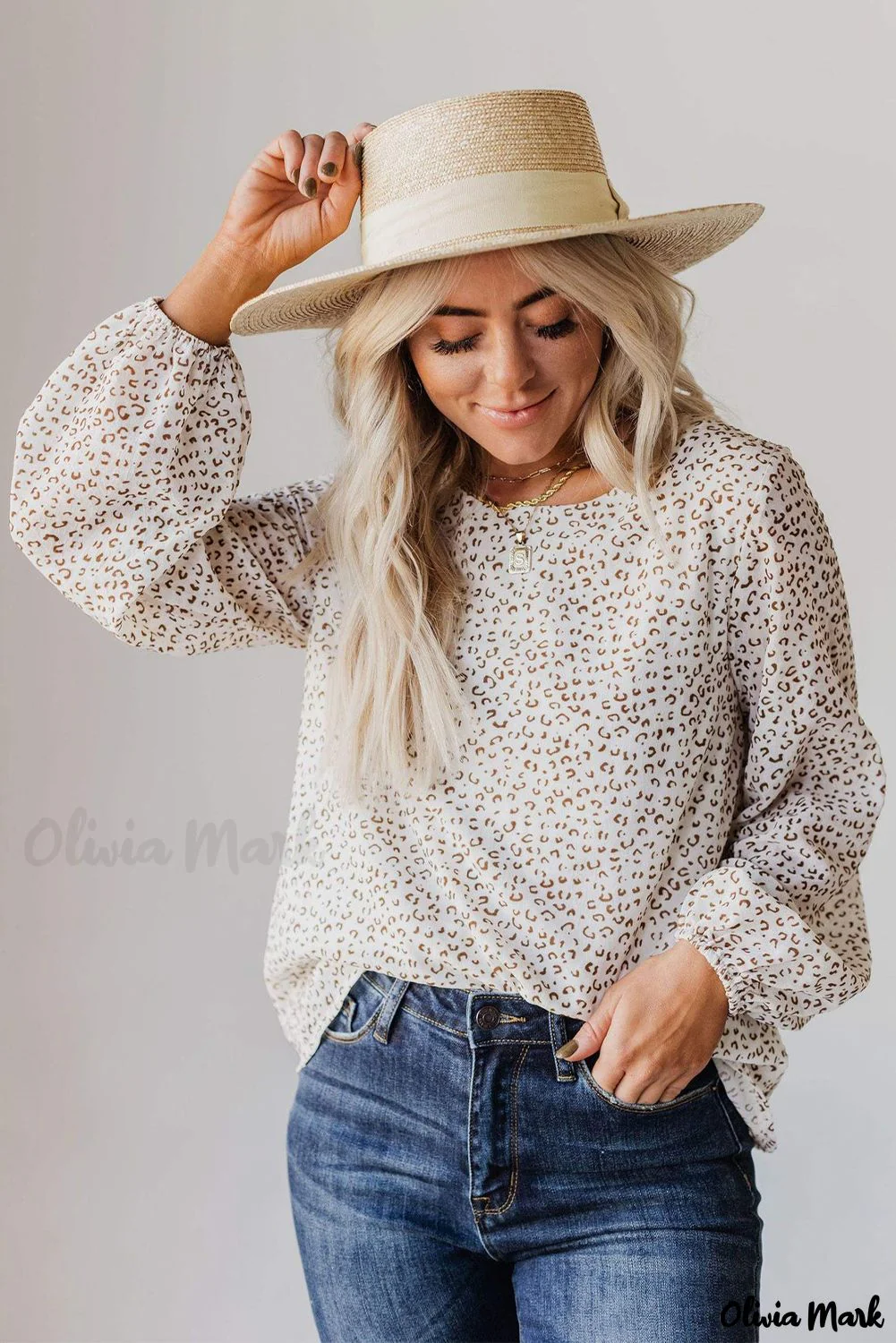 Deanwangkt - Leopard Long Sleeve Round Neck Blouse - Deanwangkt