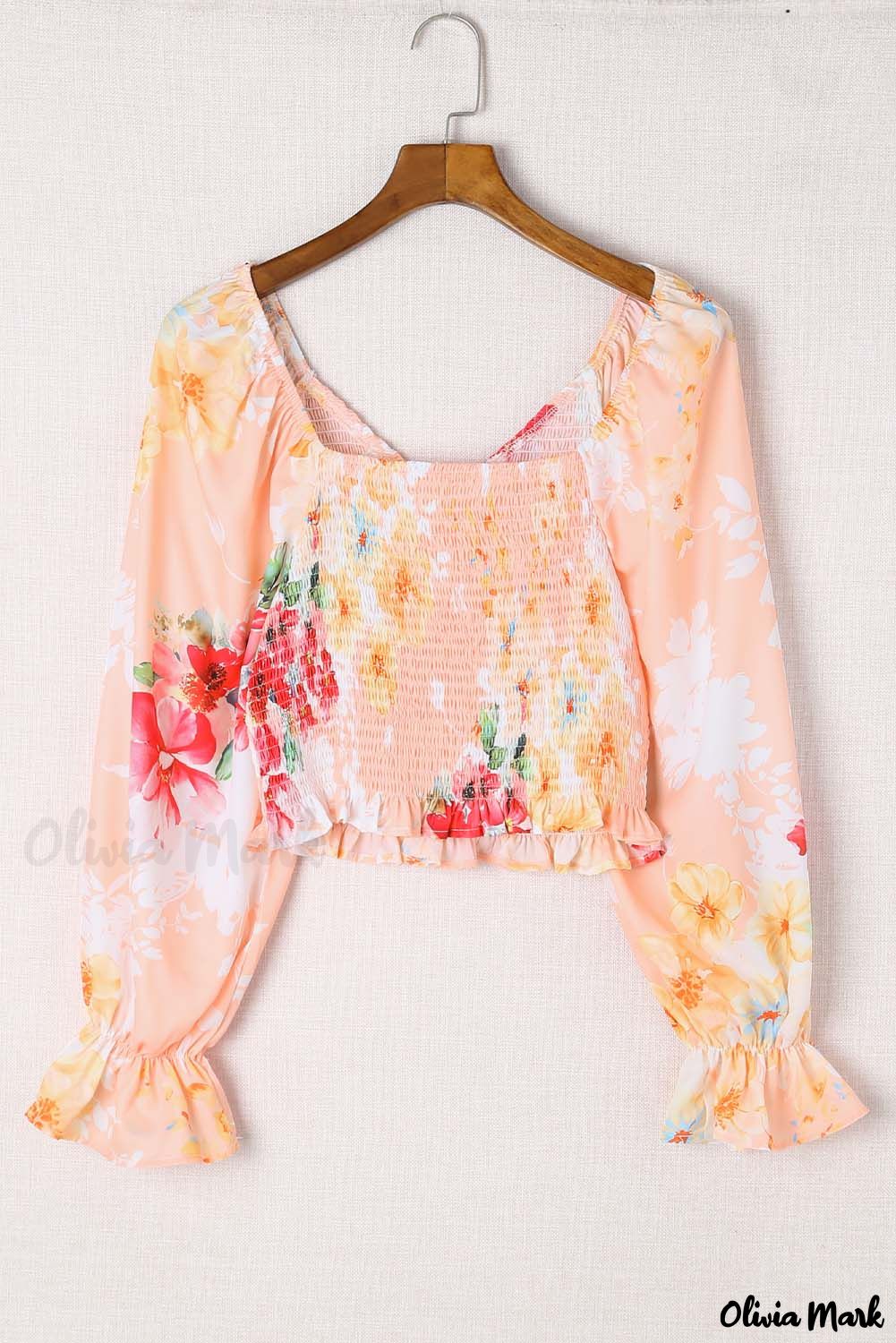 Deanwangkt - Nude Floral V-Neck Smocked Bishop Sleeve Top - Deanwangkt