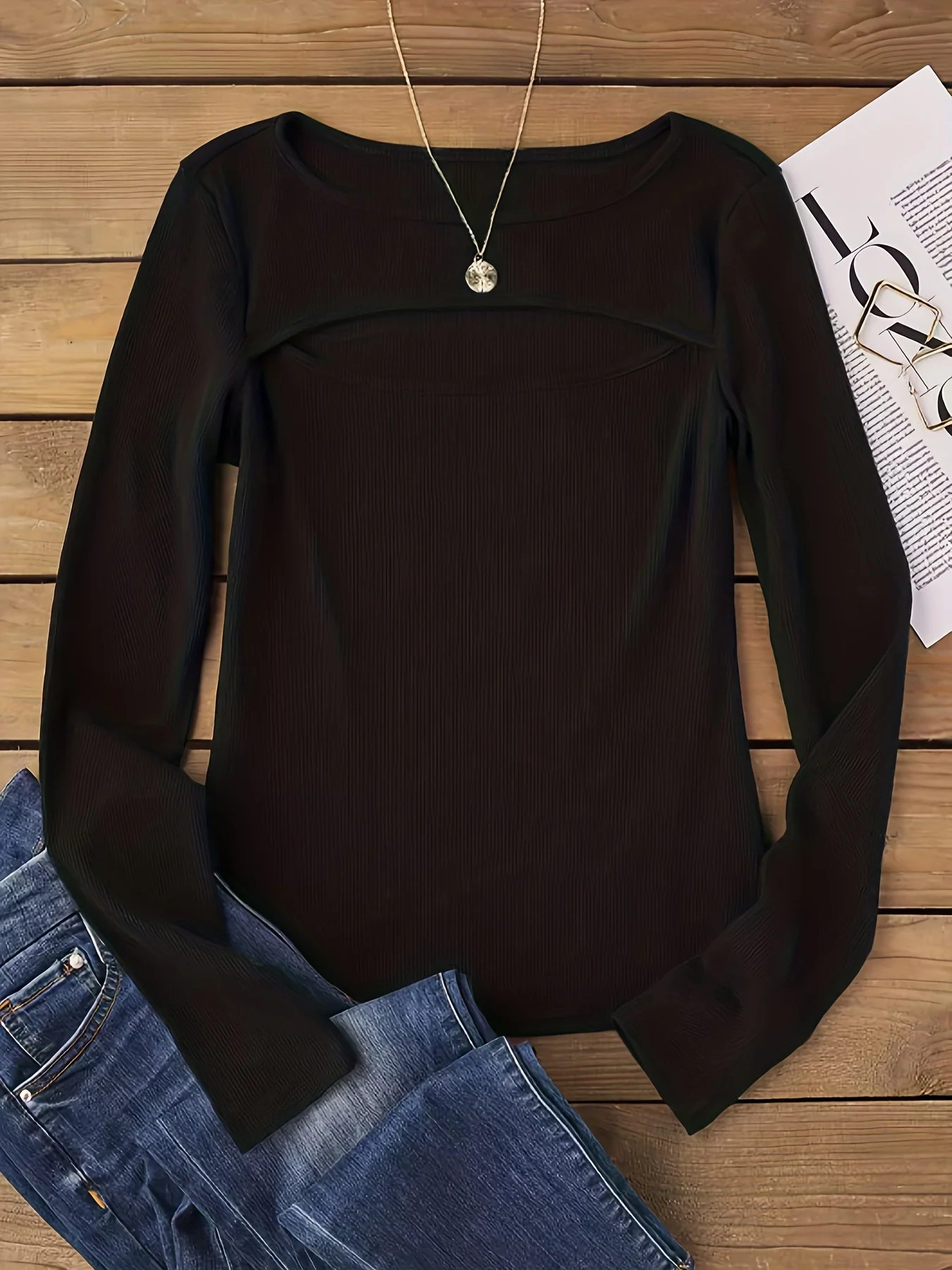 deanwangkt-1  Cutout Ribbed Crew Neck Toprt, Casual Long Sleeve Slim Sweater For Spring & Fall, Women's Clothing - Deanwangkt