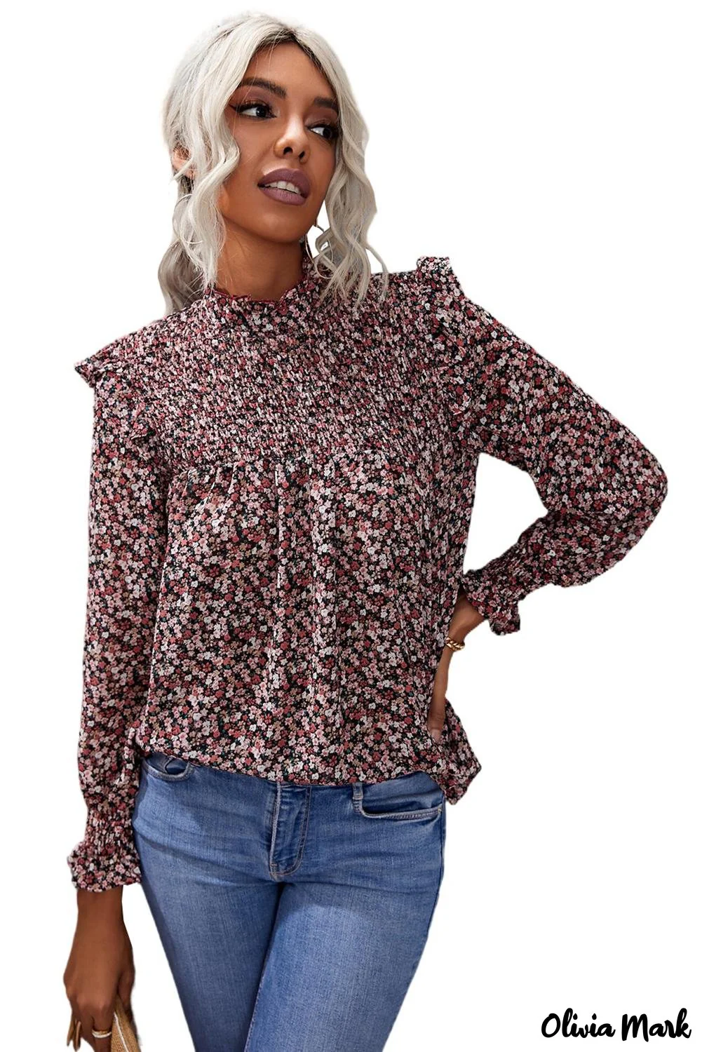Deanwangkt - Floral Print Ruffle Long Sleeve Blouse - Deanwangkt