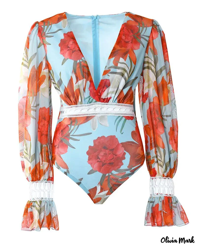 Deanwangkt - Floral Print Lantern Sleeve Lace Bodysuit - Deanwangkt