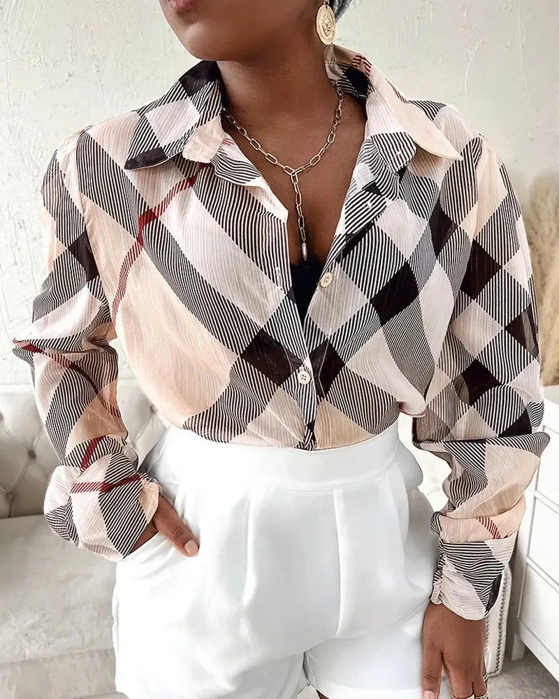 Deanwangkt - Plaid Print Long Sleeve Button Down Relaxed Top - Deanwangkt