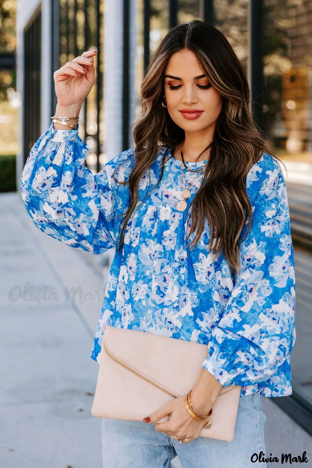 Deanwangkt - Baby Blue Floral Print Puff Sleeve Blouse - Deanwangkt
