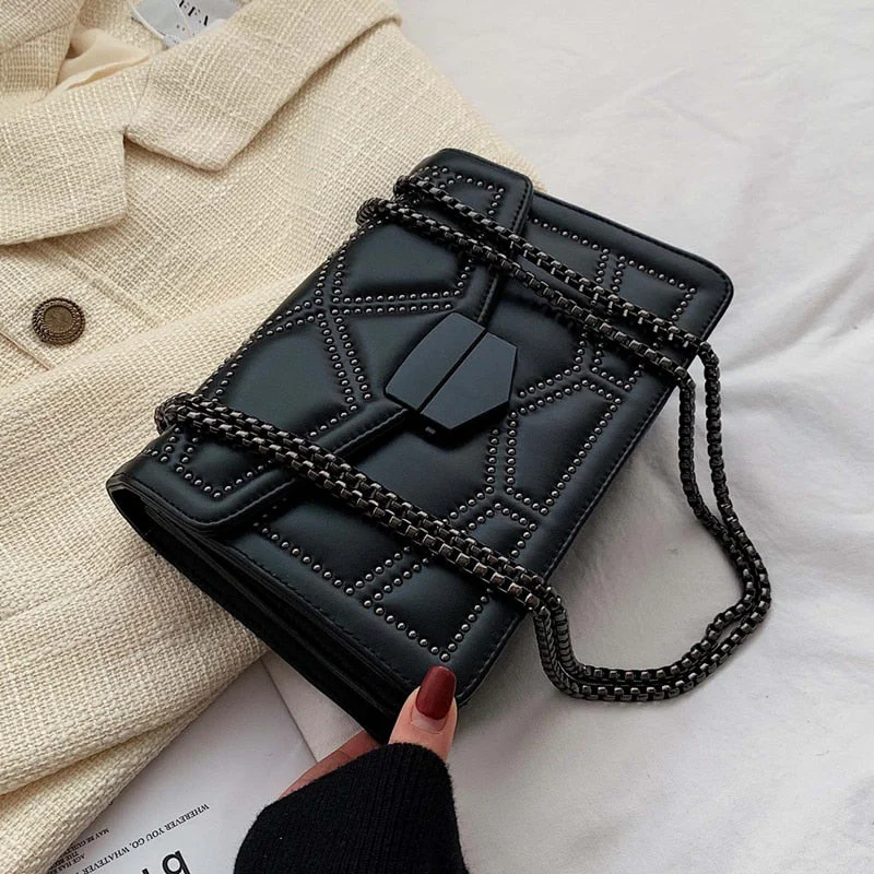 Back To College Deanwangkt Studded Rivet Chain Brand PU Leather Crossbody Bags For Women Hit Simple Fashion Shoulder Bag Lady Luxury Small Handbags - Deanwangkt
