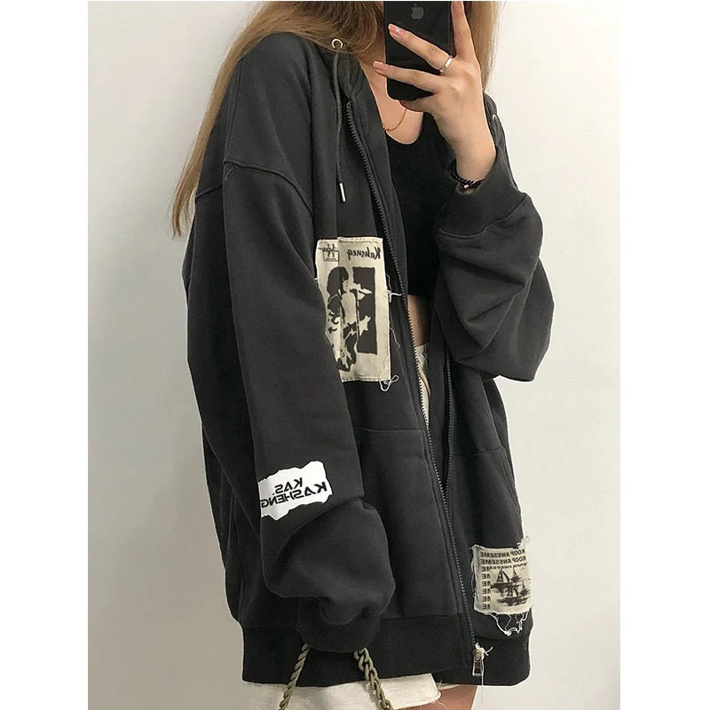 Black Friday Sales Street Graffiti Patchwork Oversized Zipper Cardigan Hoodie Women Autumn Ins Harajuku Gothic Punk Vintage Y2K Long-Sleeved Hoodie - Deanwangkt