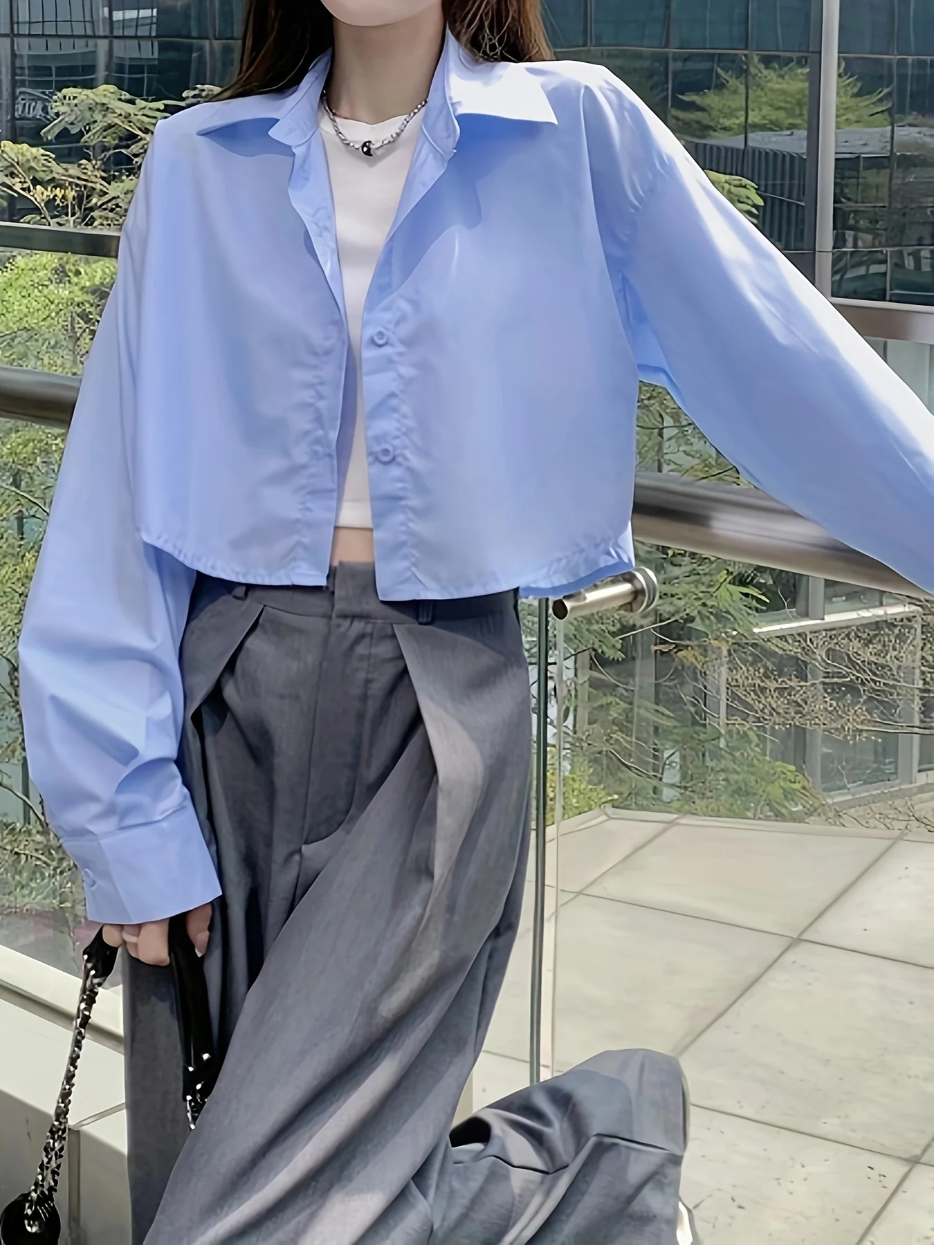 Solid Polo Collar Button Crop Shirt, Casual Long Sleeve Shirt For Spring & Fall, Women's Clothing - Deanwangkt