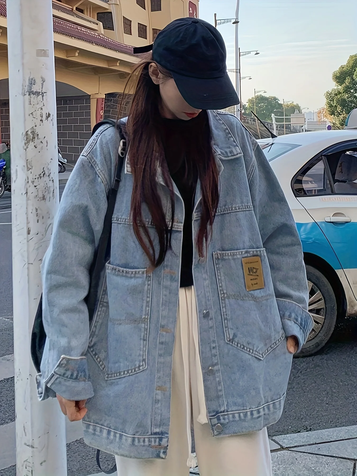 Blue Loose Fit Lapel Denim Coat, Long Sleeves Single Breasted Button Denim Jacket, Women's Denim Clothing - Deanwangkt