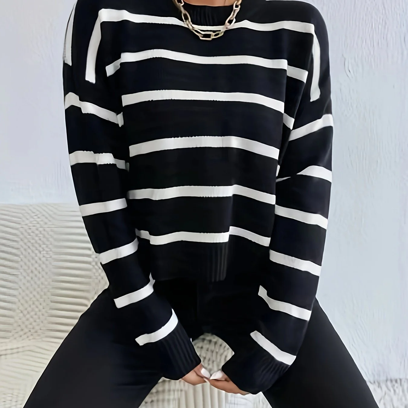 deanwangkt-1  Striped Crew Neck Pullover Sweater, Casual Long Sleeve Drop Shoulder Sweater, Women's Clothing - Deanwangkt