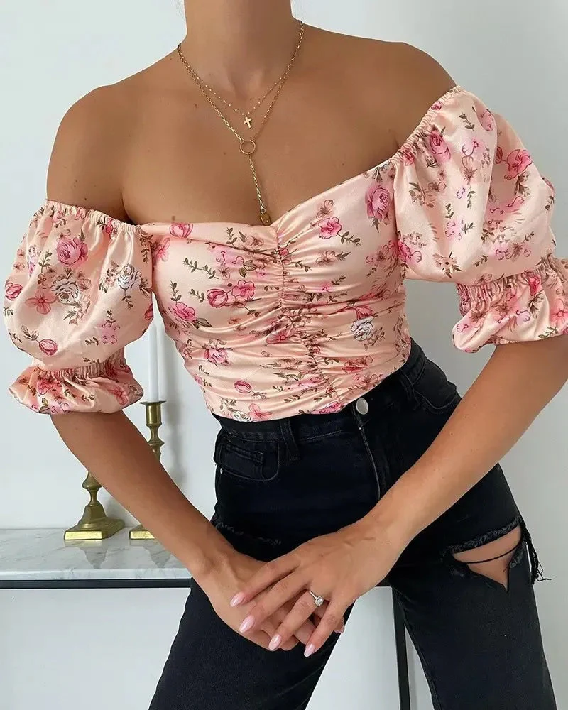 Deanwangkt - Floral Print Puff Sleeve Ruched Top - Deanwangkt