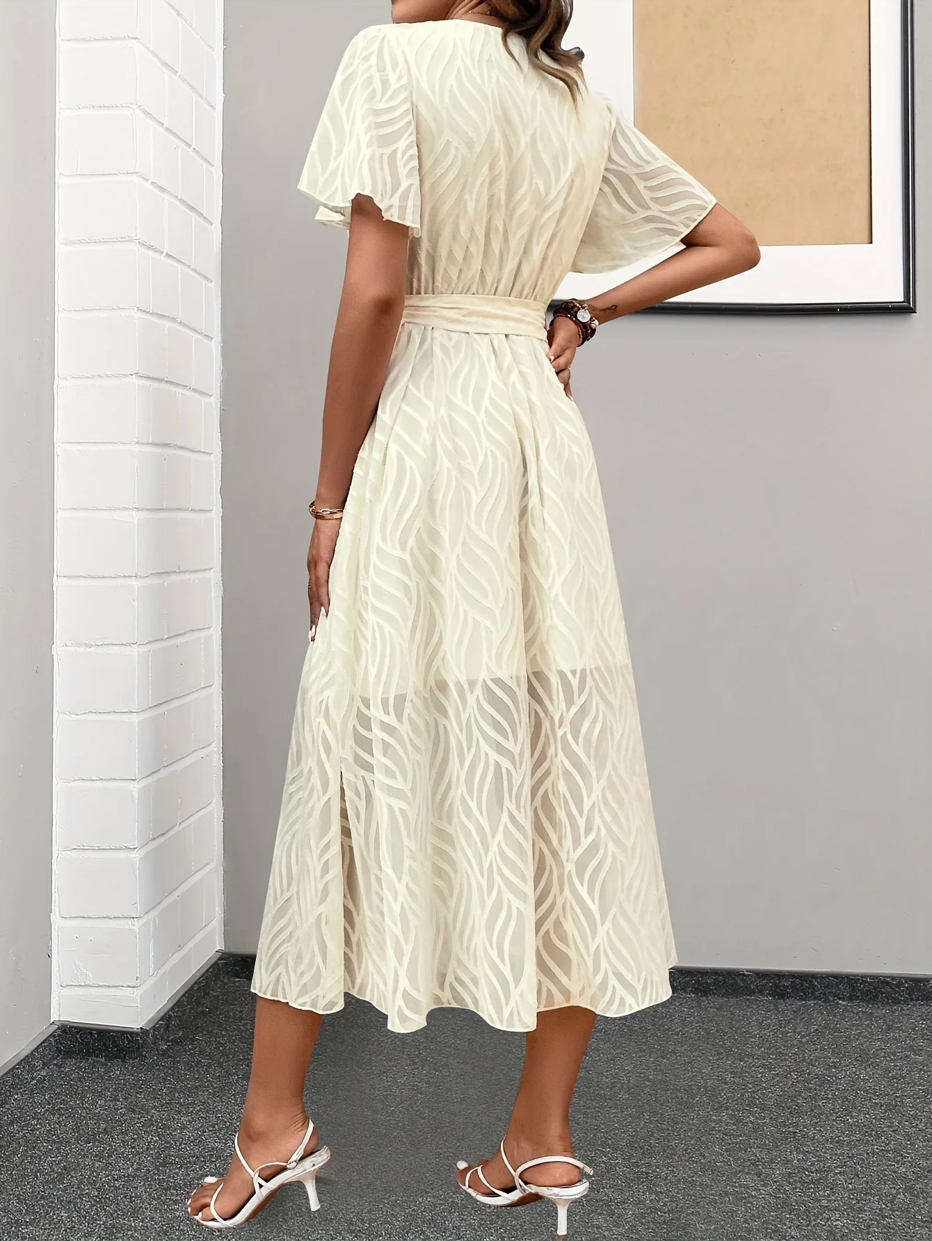 deanwangkt-1  Belted Flutter Sleeve Dress, Casual V-neck Dress For Spring & Summer, Women's Clothing - Deanwangkt