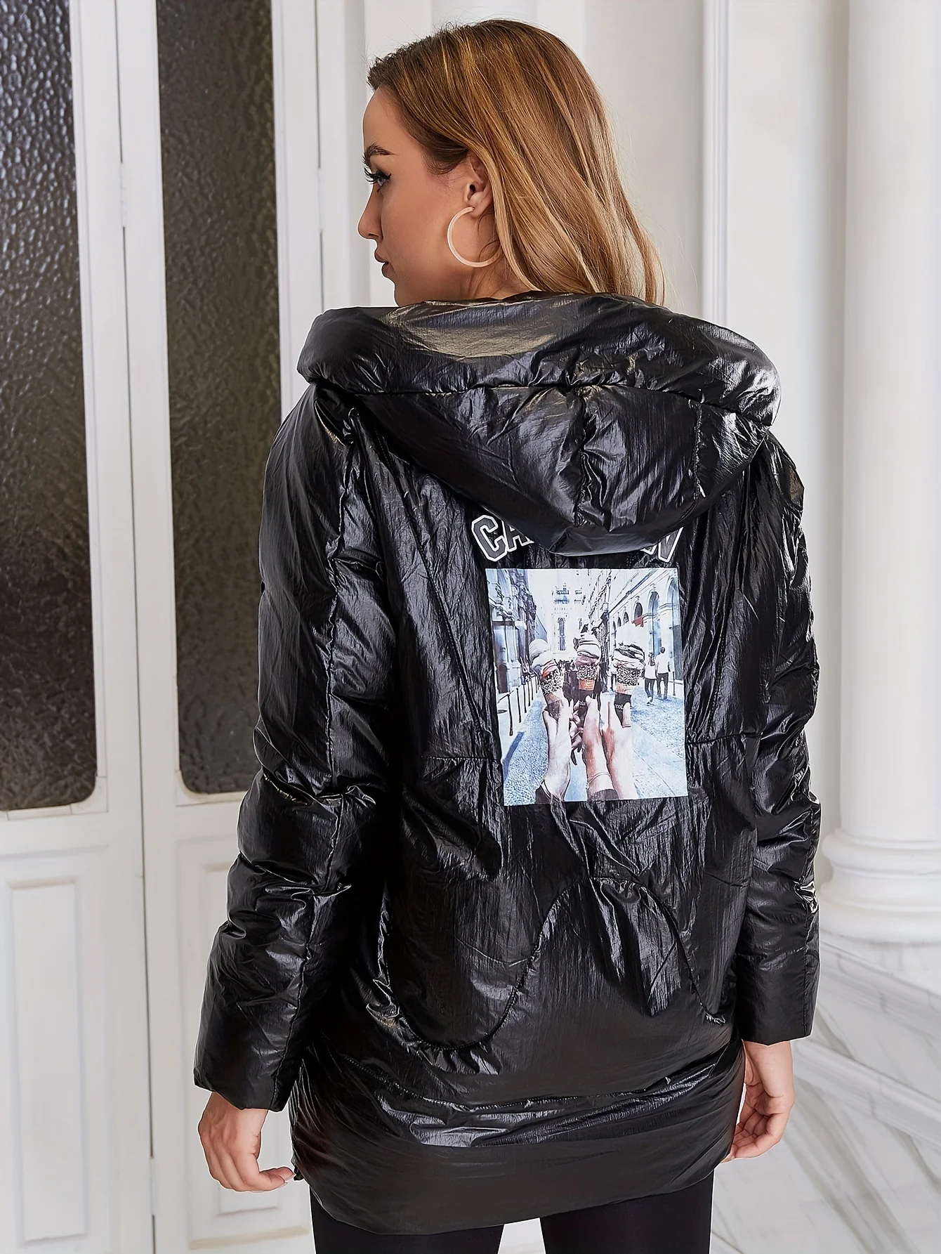 Graphic Print Back Hooded Coat, Casual Zip Up Long Sleeve Winter Outerwear, Women's Clothing - Deanwangkt