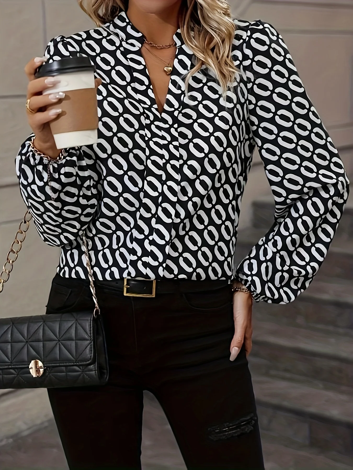 Chain Print Notched Neck Blouse, Elegant Long Sleeve Blouse For Spring & Fall, Women's Clothing - Deanwangkt