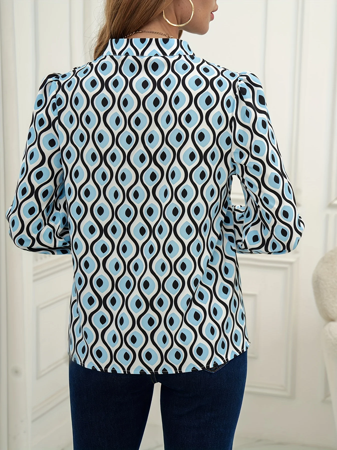 Ogee Print Blouse, Casual V Neck Long Sleeve Versatile Blouse, Women's Clothing - Deanwangkt