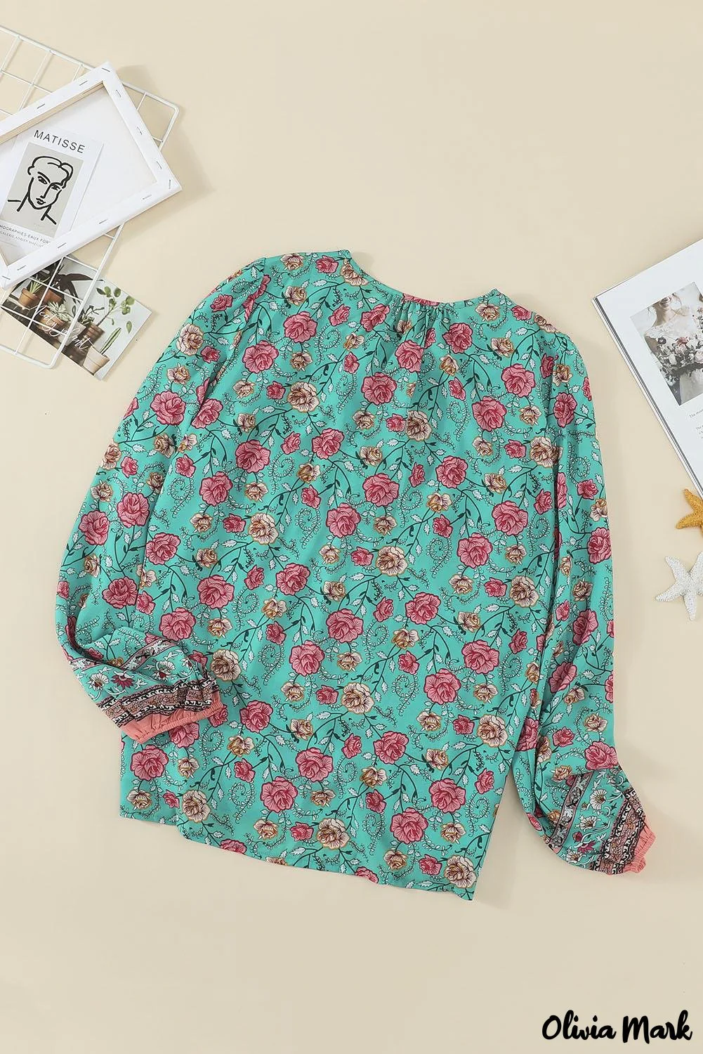Deanwangkt - Green Floral Lantern Sleeve Blouse - Deanwangkt