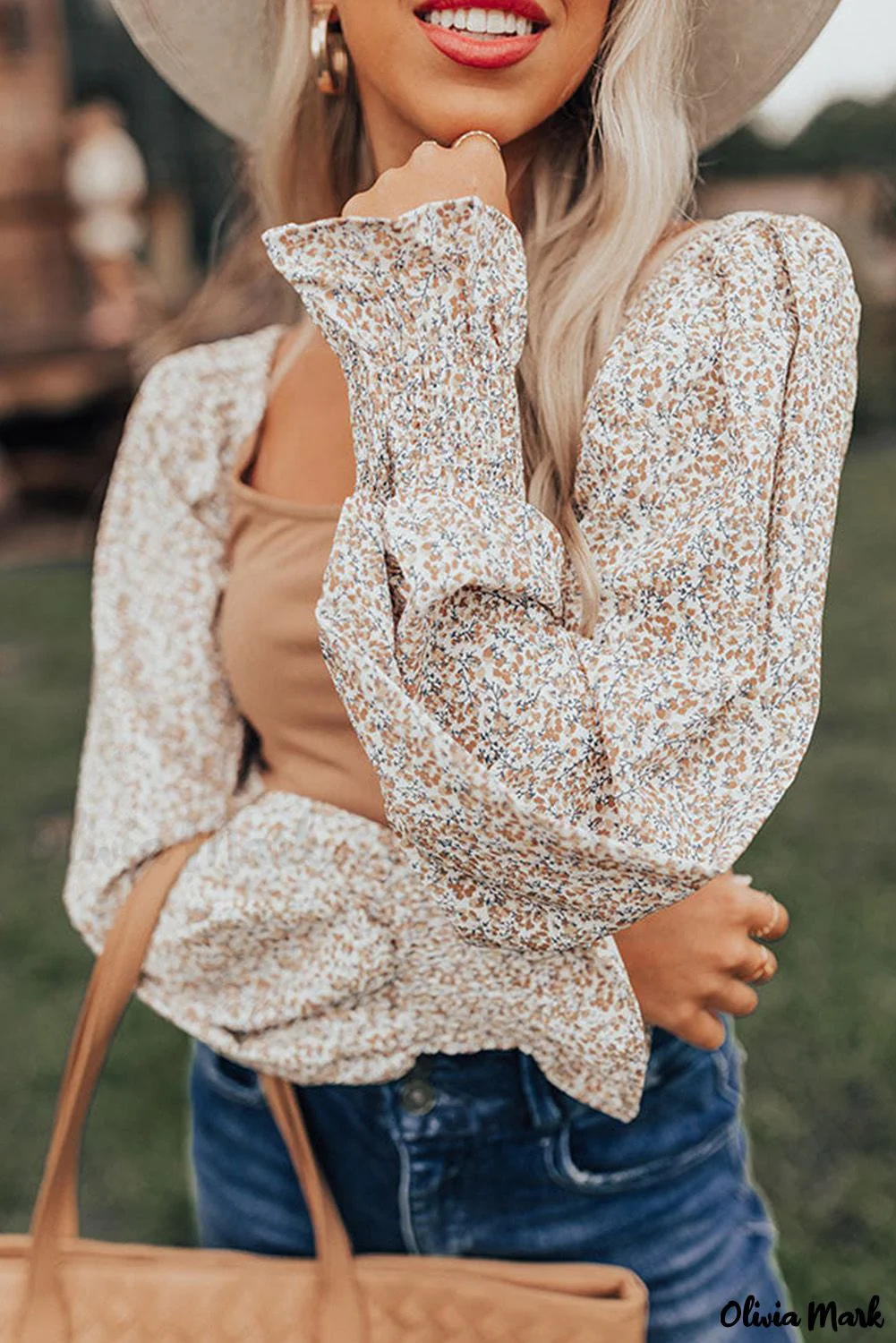Deanwangkt - Khaki Floral Print Ruched Puff Sleeve Blouse - Deanwangkt