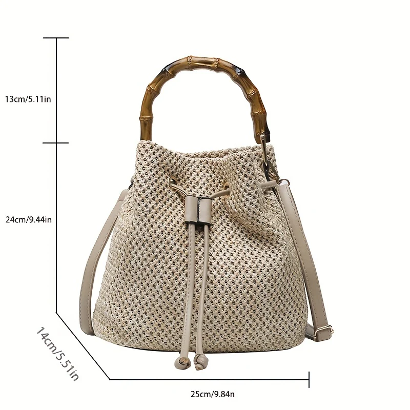 deanwangkt-1  Bamboo Handle Straw Bag, Women's Drawstring Design Bucket Bag, Trendy Summer Beach Handbag - Deanwangkt