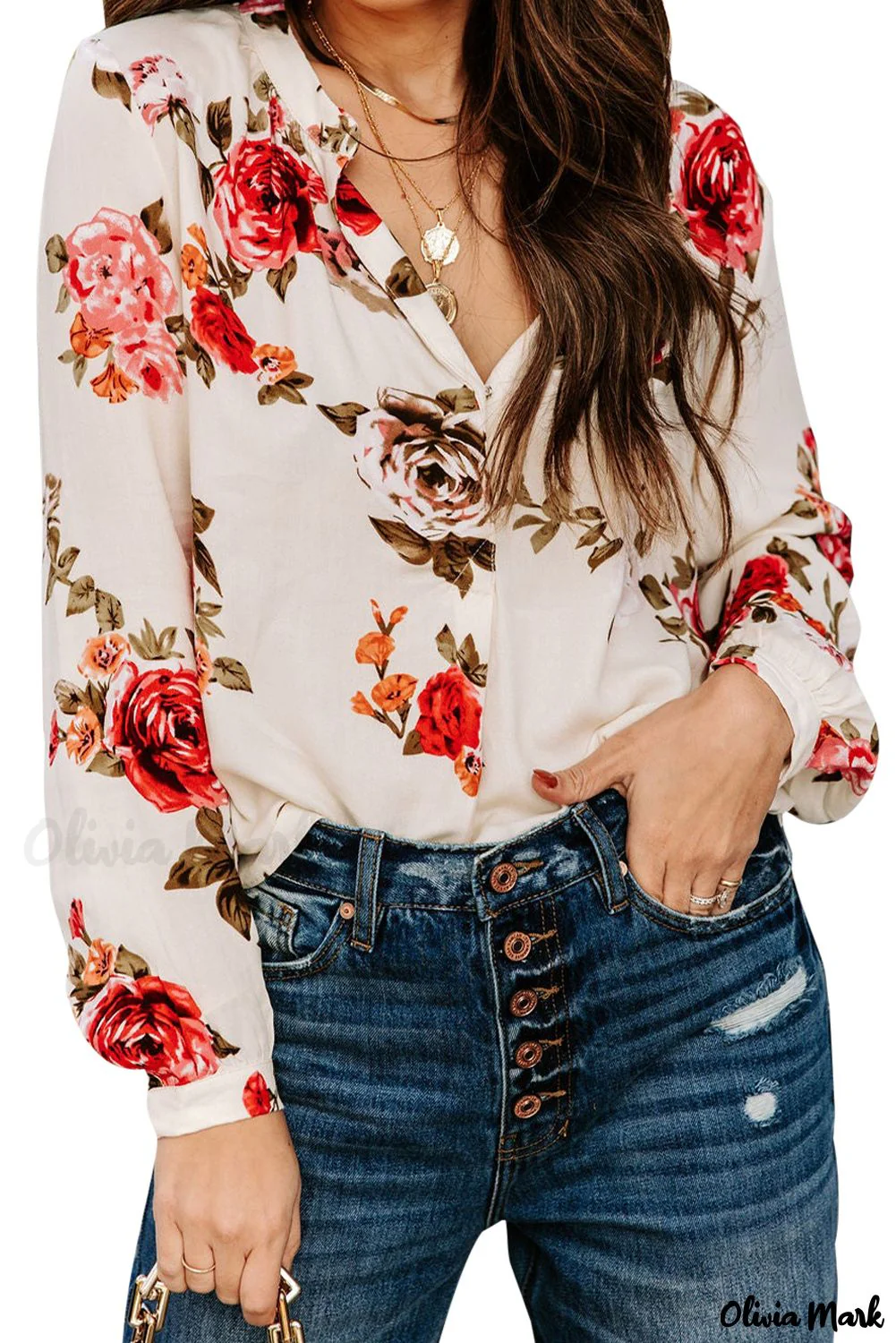 Deanwangkt - Beige Floral Print V-Neck Button Down Blouse - Deanwangkt