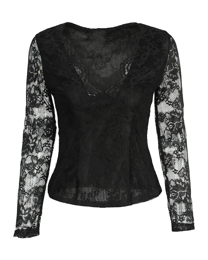 Deanwangkt - Crochet Lace Scallop Trim Long Sleeve Bodycon Top - Deanwangkt