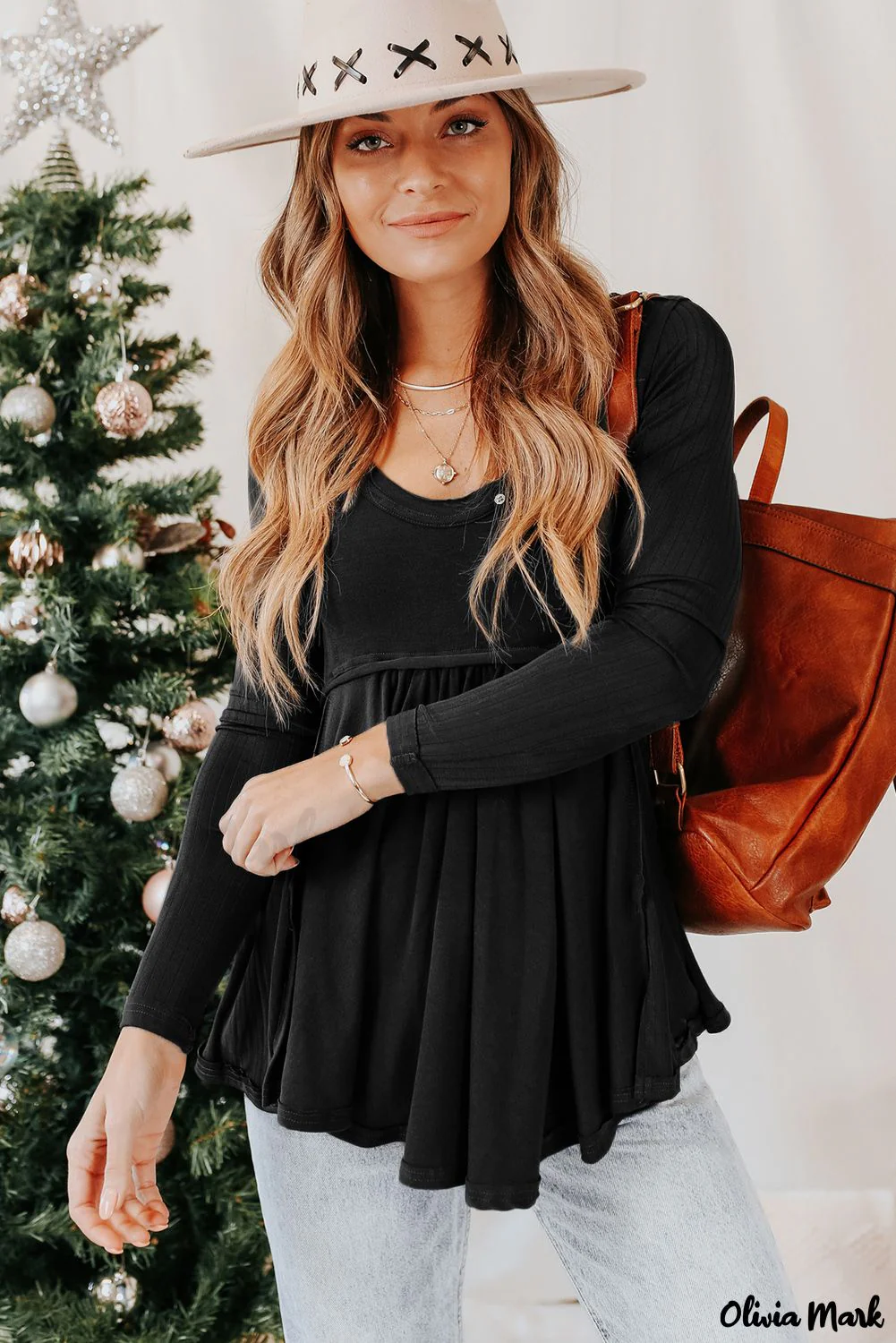 Deanwangkt - Black Babydoll Blouse with Long Sleeves and Solid Color Buttons - Deanwangkt