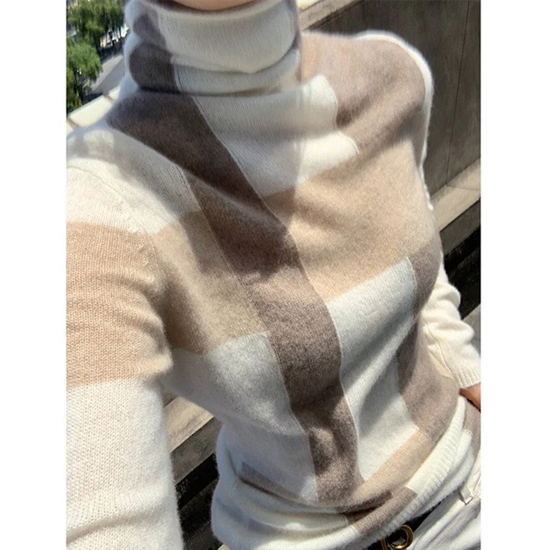 Back to college outfits Christmas Gift New Cashmere Sweater Women's High-Neck Color Matching 100% Pure Wool Pullover Fashion Plus Size Warm Knitted Bottoming Shir-A fx0615 - Deanwangkt