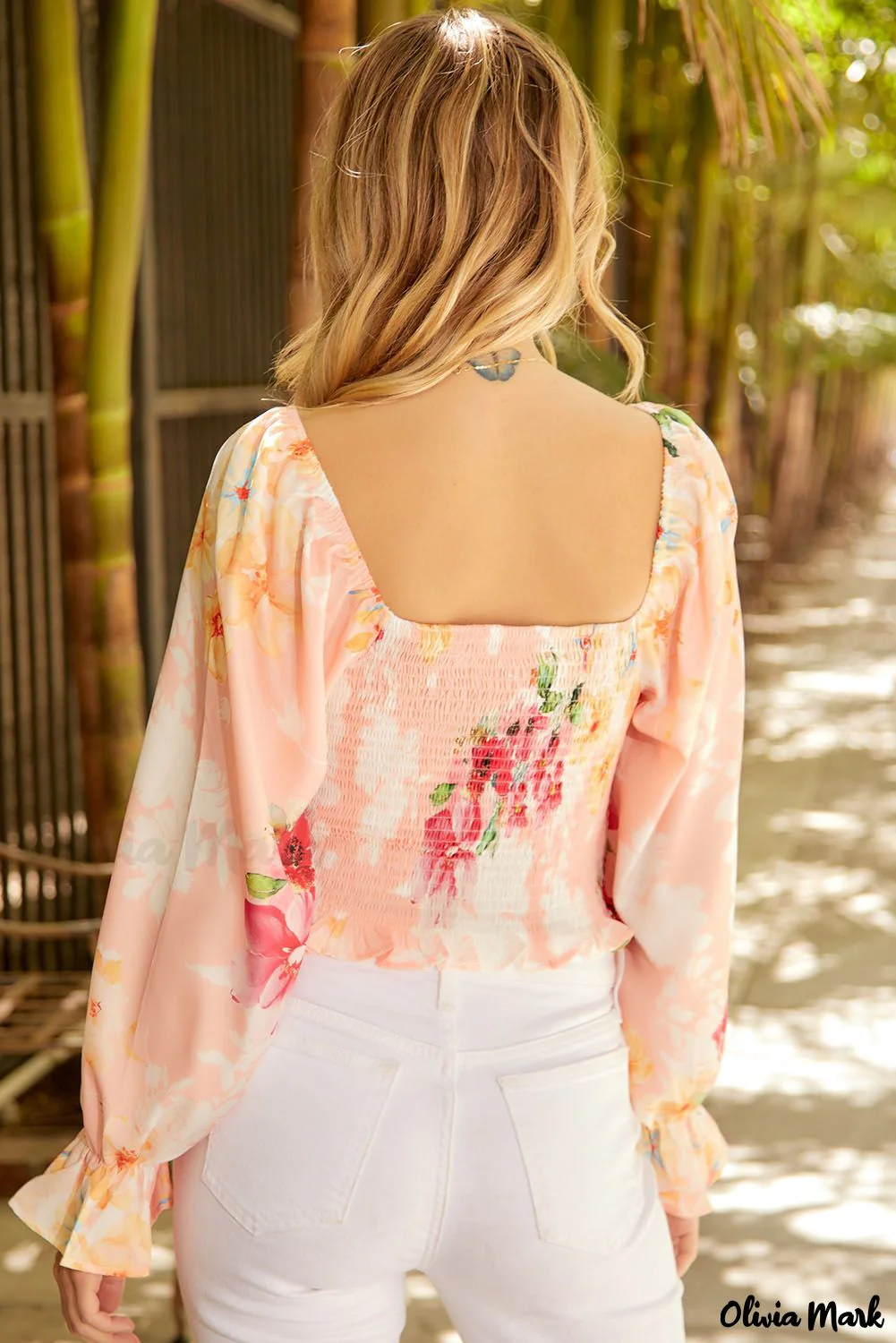 Deanwangkt - Nude Floral V-Neck Smocked Bishop Sleeve Top - Deanwangkt