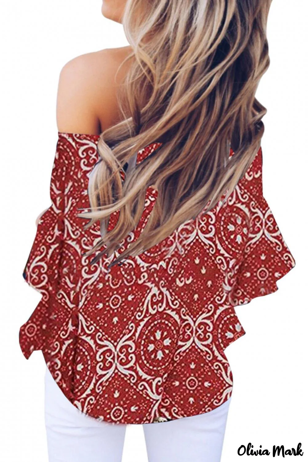 Deanwangkt - Bohemian red blouse with floral print and bare shoulders - Deanwangkt