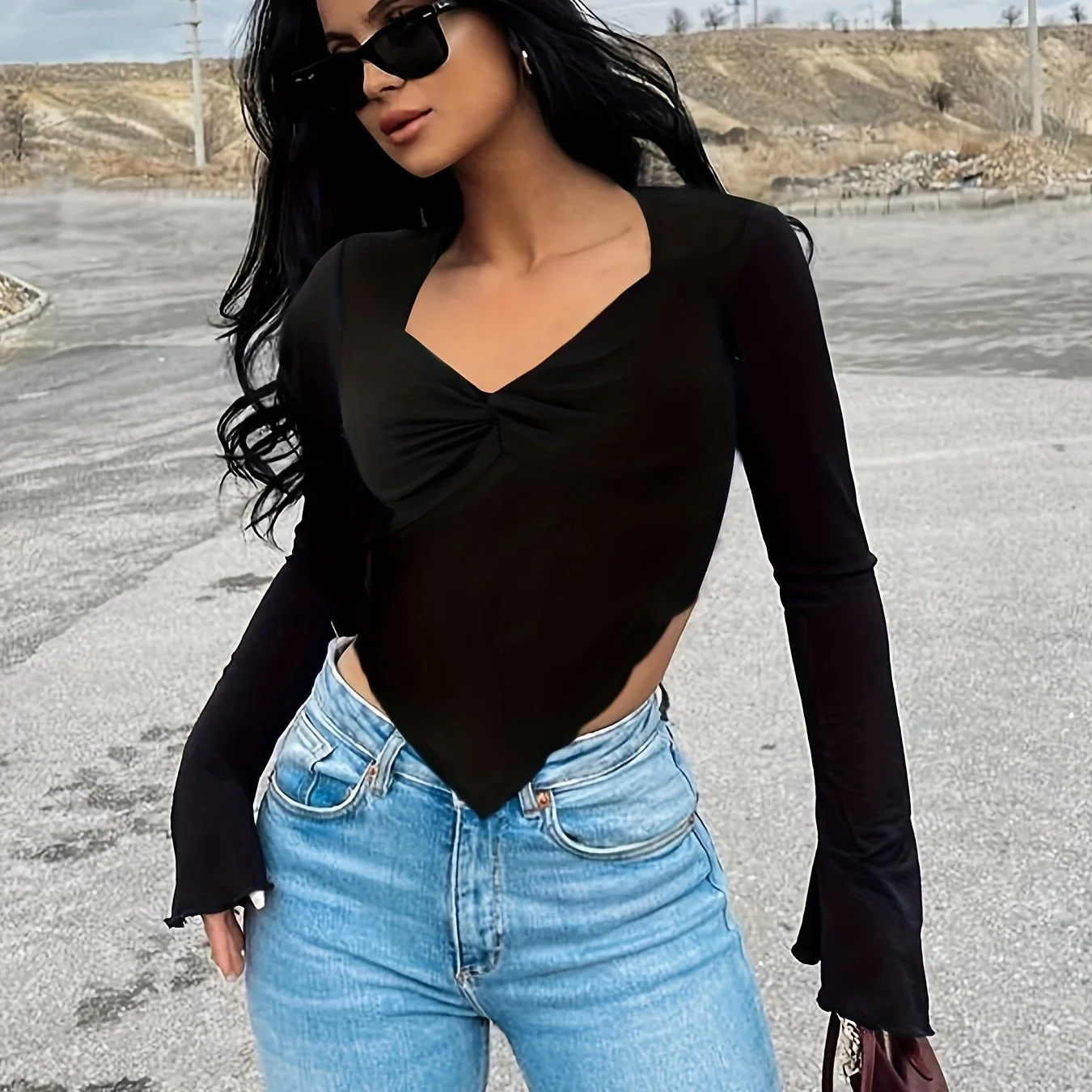 deanwangkt-1  Hanky Hem Twist Front Top, Elegant Flare Sleeve T-Shirt For Spring & Fall, Women's Clothing - Deanwangkt