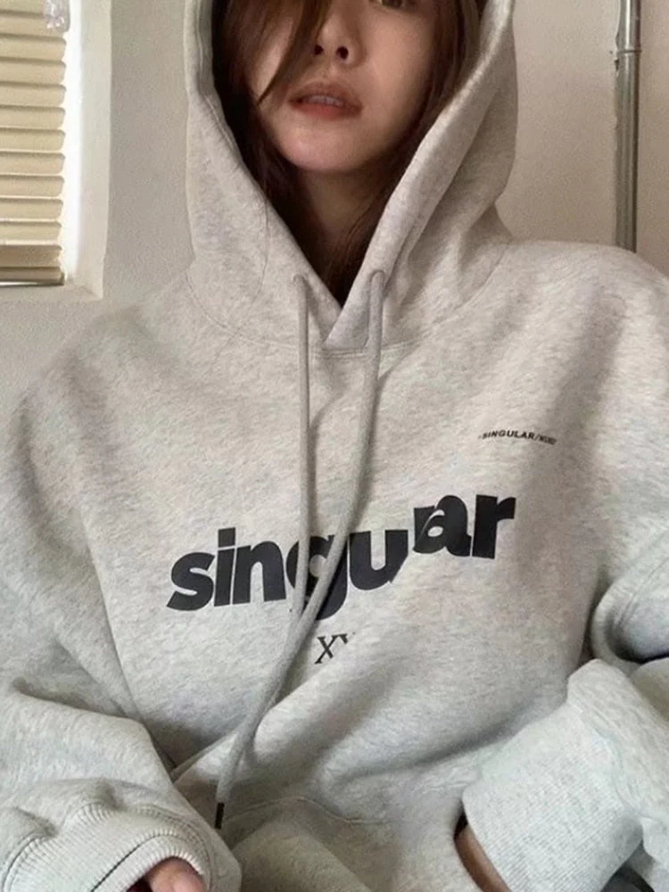 Black Friday Sales Grey Hoodie Women Plus Size Letter Print Sweatshirt Loose Street Lazy Style Casual Autumn And Winter Pullover - Deanwangkt