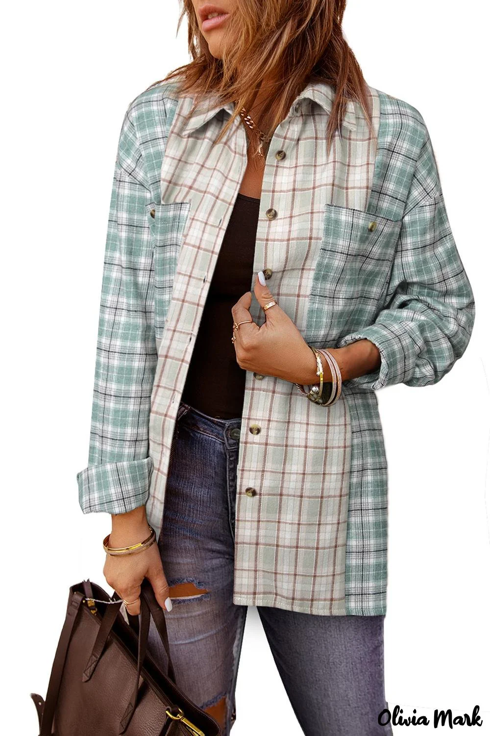 Deanwangkt - Pink Plaid Button Down Long Sleeve Shirt With Color Block Pocket - Deanwangkt