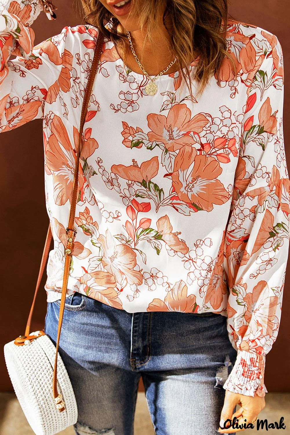 Deanwangkt - Orange floral print puff sleeve shirt with smocked cuffs - Deanwangkt