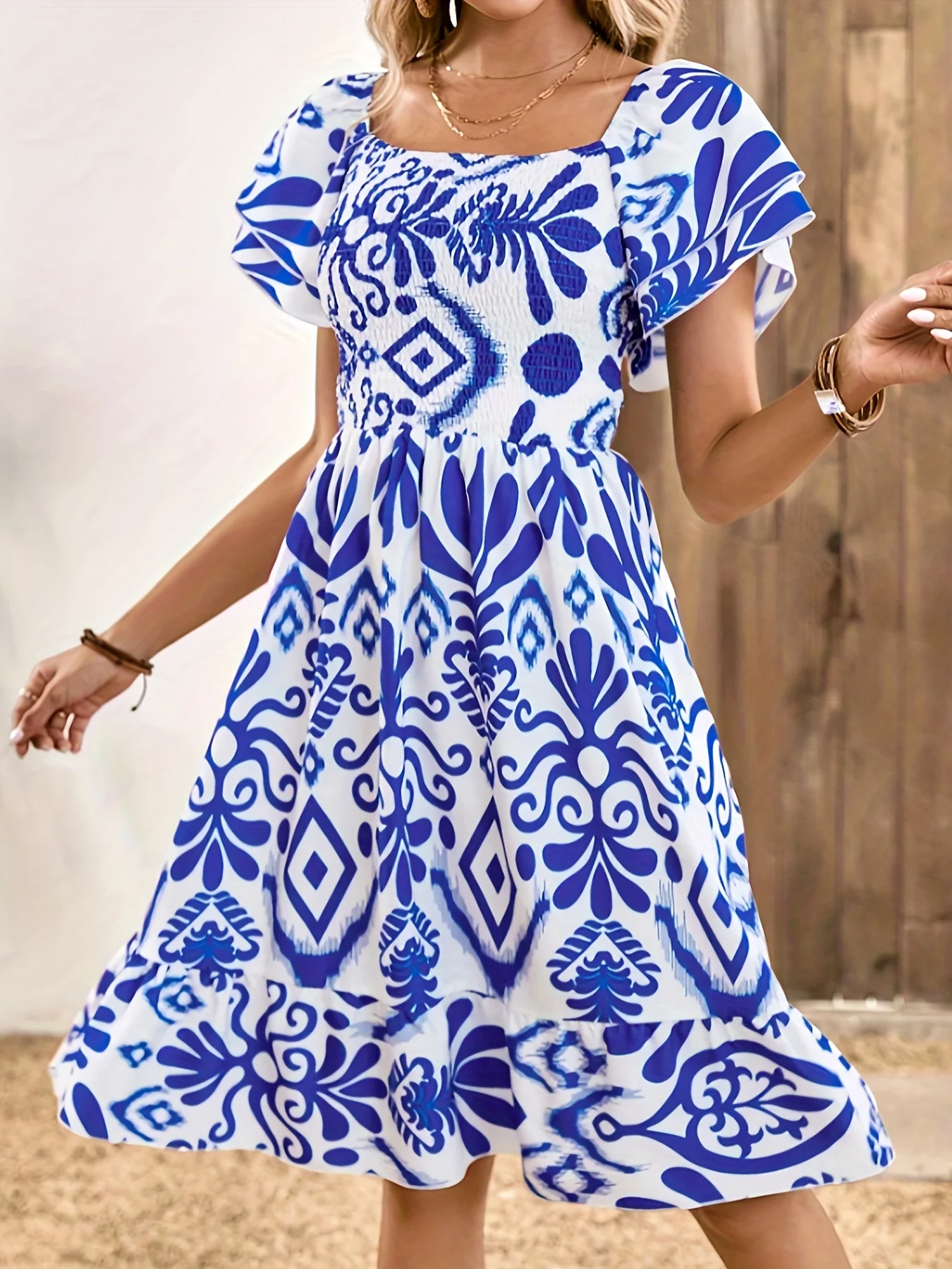 deanwangkt-1  Allover Print Shirred Dress, Holiday Dress For Spring & Summer, Women's Clothing - Deanwangkt