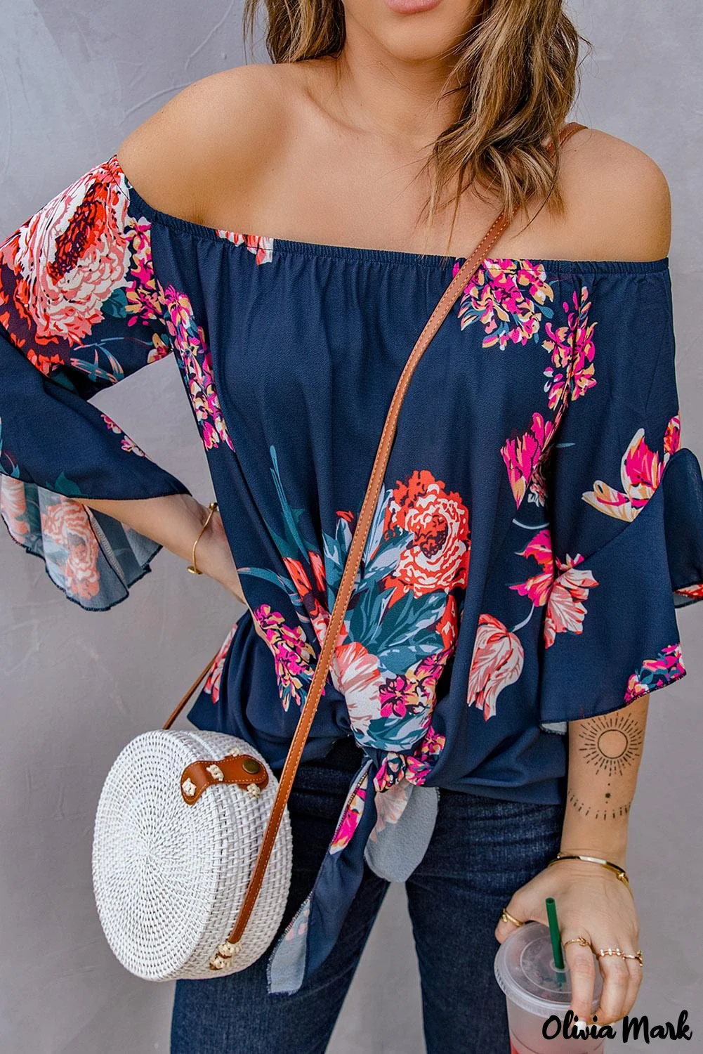 Deanwangkt - Blue Chiffon Off Shoulder Tie Front Blouse - Deanwangkt