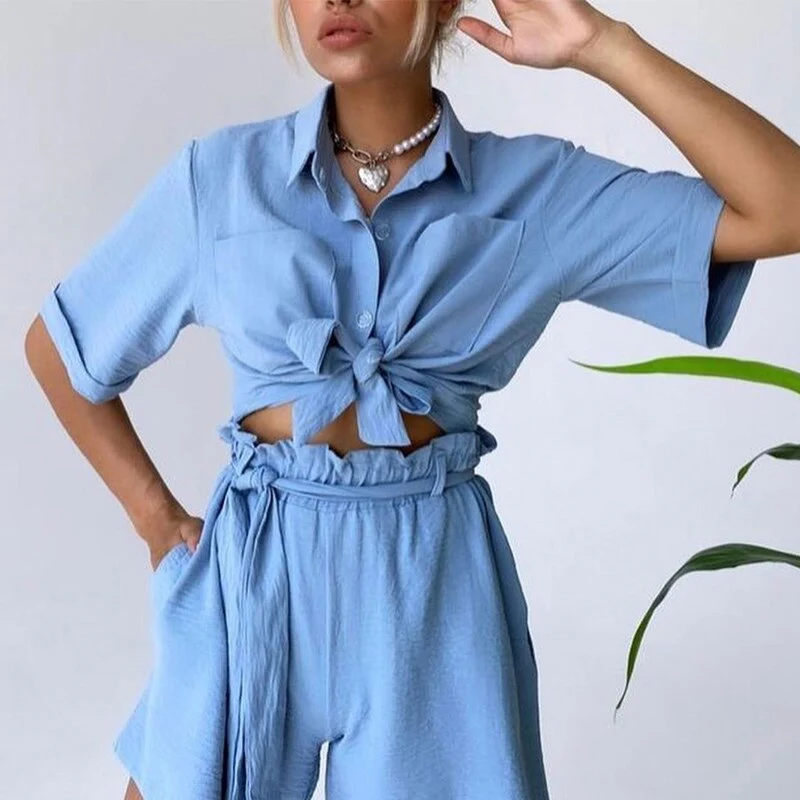 Casual Summer Shirts Two Piece Set Women Short Sleeve Button Tops And High Waist Shorts Fashion Retro Female Solid Suits Outfits - Deanwangkt