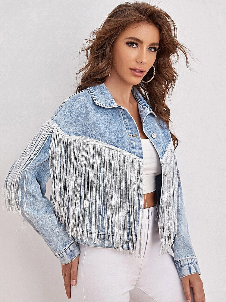 Black Friday Sales New Spring Women Loose Tassel Washed Blue Denim Jacket Streetwear Female Retro Short Coat Ladies Outwear - Deanwangkt