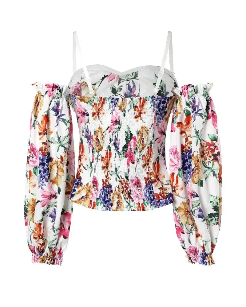 Deanwangkt - Floral Print Off Shoulder Frill Hem Top - Deanwangkt