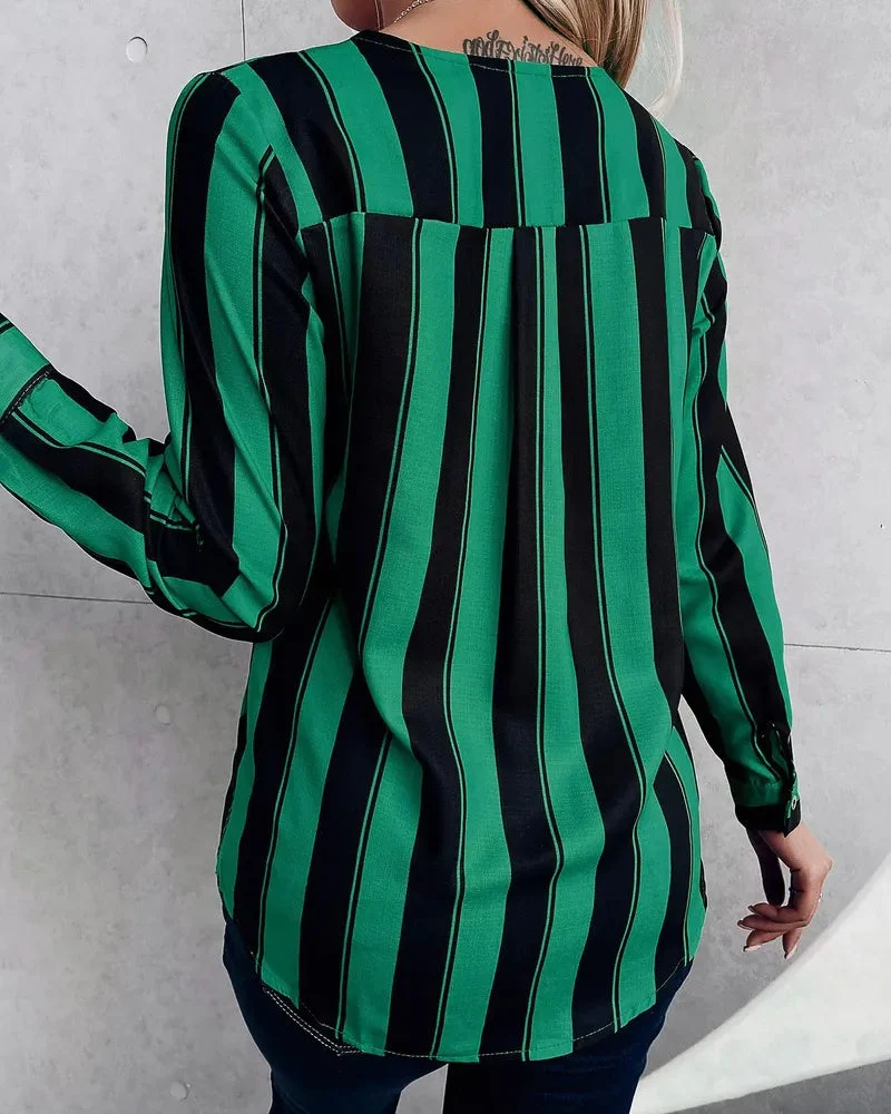 Deanwangkt - Relaxed Deep V Stripe Long Sleeve Blouse - Deanwangkt
