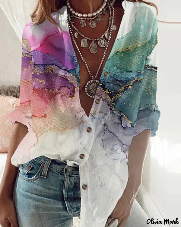 Deanwangkt - Marble Print Button-Down Long Sleeve Shirt - Deanwangkt