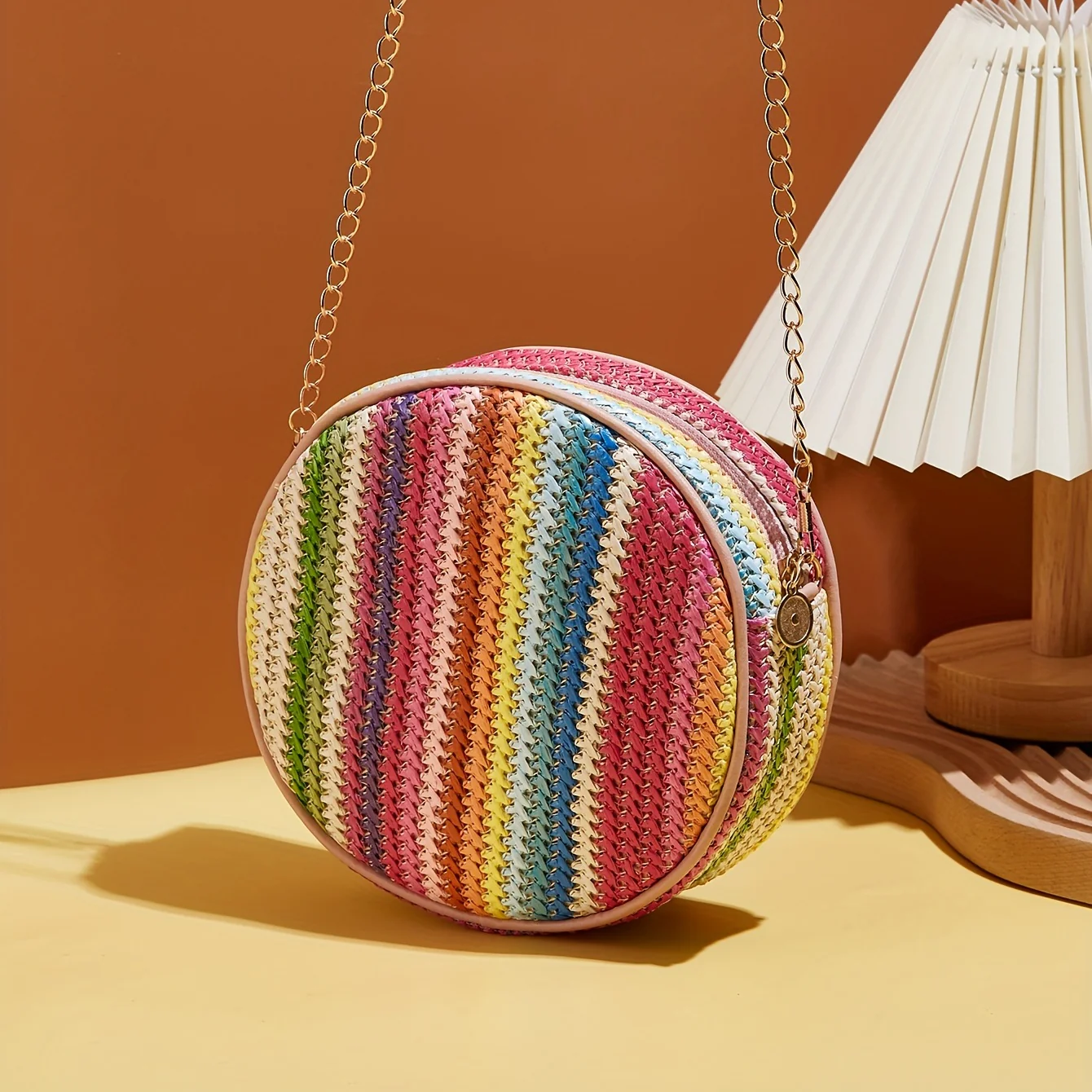 deanwangkt-1  Colorful Straw Woven Round Bag, Fashion Chain Crossbody Bag, Rainbow Design Beach Bag For Women - Deanwangkt