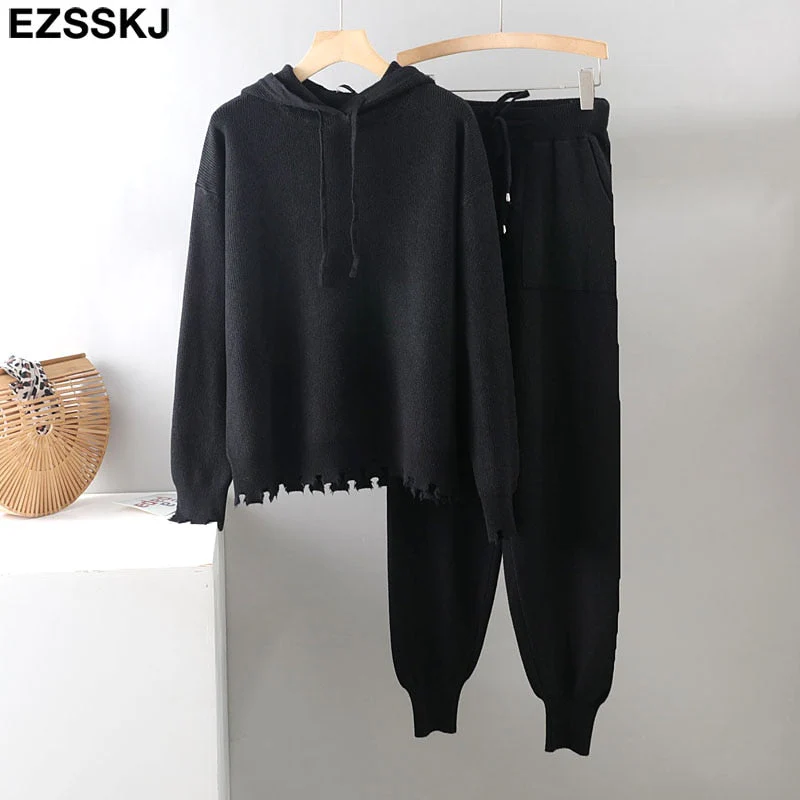Christmas Gift 2 Pieces Set Women hooded sweater Tracksuit Turtleneck Sweater + Carrot Jogging Pants Pullover Sweater Set CHIC Knitted Outwear - Deanwangkt