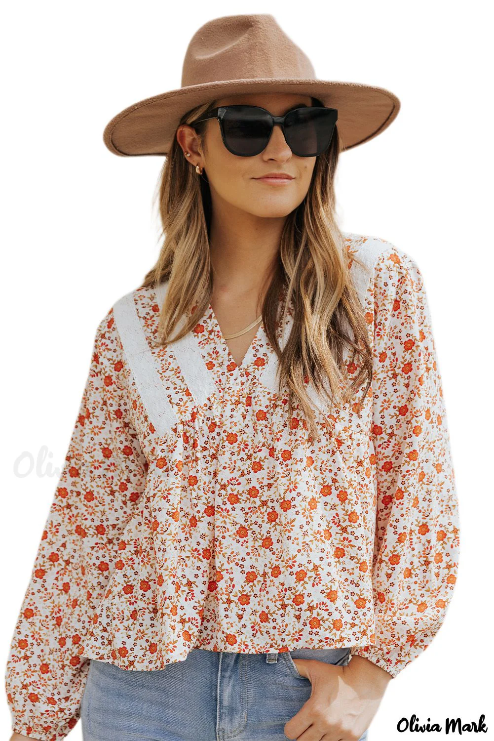 Deanwangkt - Red Floral Print Lace V-Neck Blouse - Deanwangkt