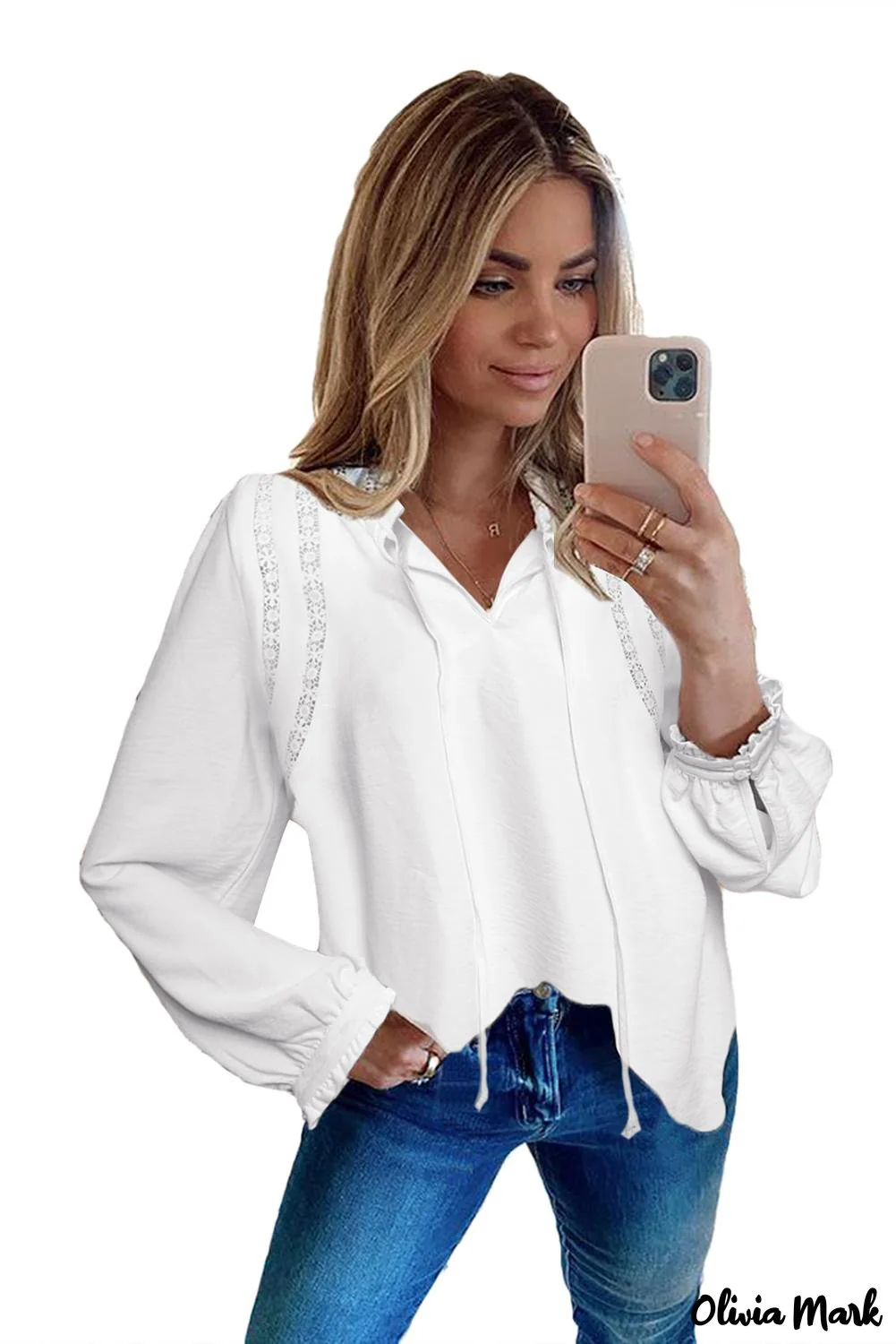 Deanwangkt - White Lace Patchwork Ruffle Long Sleeve Blouse - Deanwangkt