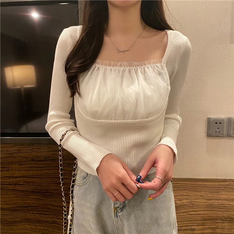 Christmas Gift Deanwangkt early spring new square collar patchwork basic bottomig shirt elegant fashion termperament women's shirt spring female tops - Deanwangkt