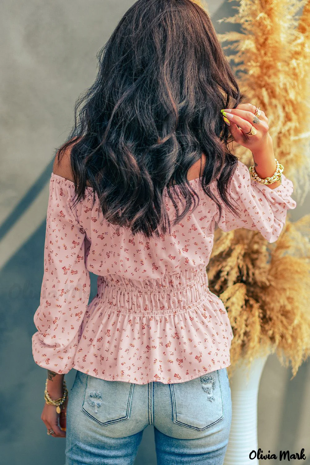 Deanwangkt - Pink blouse with peplum and smocked waist with flowers and bare shoulders - Deanwangkt