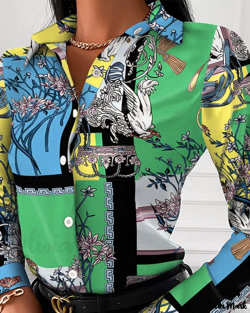 Deanwangkt - Scarf Print Long Sleeve Button Down Blouse - Deanwangkt