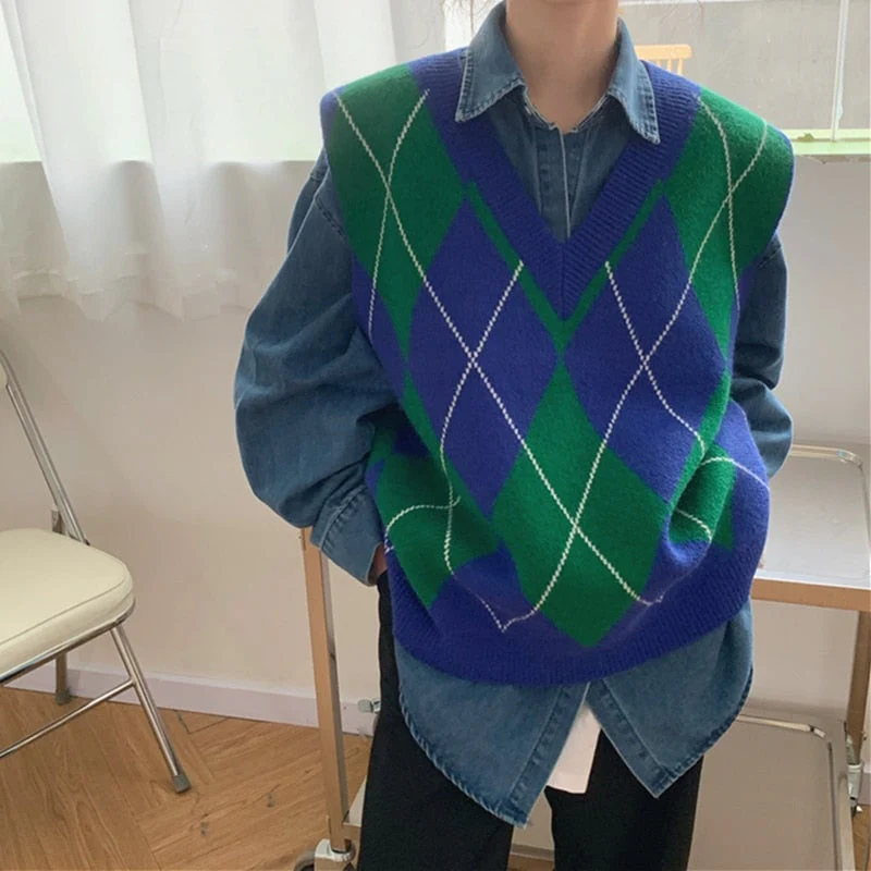 Christmas Gift  Deanwangkt New Autunm Winter Women Sweater Pullover Vest Sleeveless Oversized Knitted Checkered Vintage Lady Tops SWV1397JX - Deanwangkt