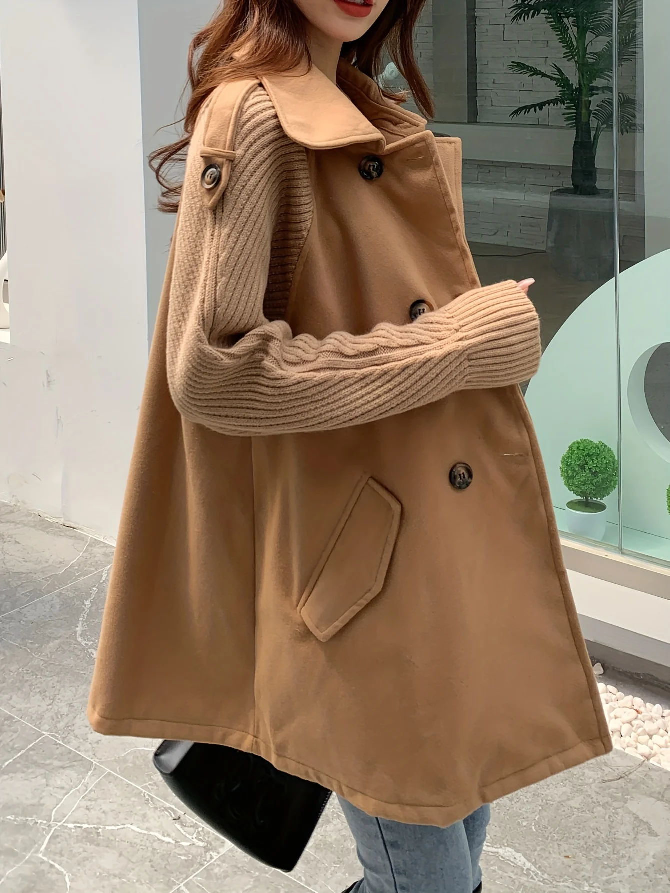 Solid Double Breasted Loose Overcoat, Versatile Long Sleeve Splicing Outwear For Fall & Winter, Women's Clothing - Deanwangkt