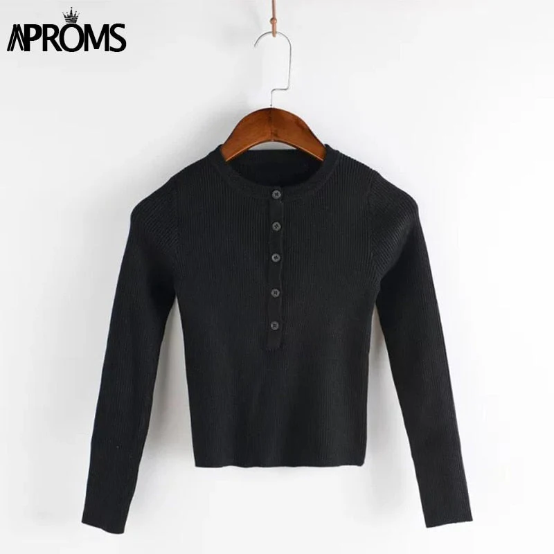 Christmas Gift Aproms Strentch Knitted Short Pullovers Sweater Winter Long Sleeve Slim Crop Top Streetwear Buttons Warm Knitwear Jumper Deanwangkt - Deanwangkt